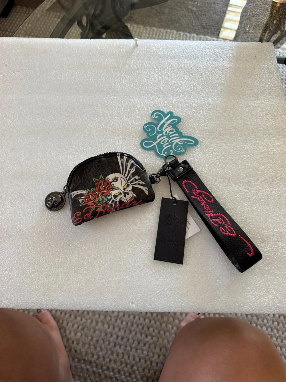 Ed Hardy Black Coin Pouch with Skull, Red Roses & Pink Logo Wristlet